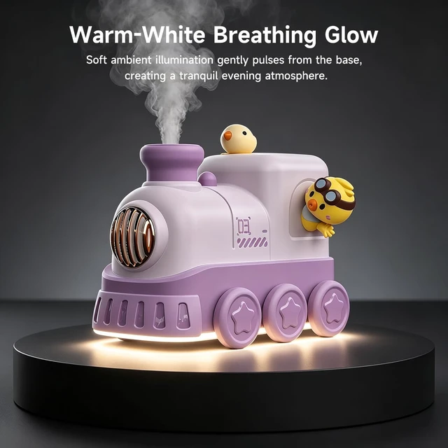 Alt view image 6 of 7 - Cute Train Humidifier, 300ml Portable USB Desktop, (Soft Purple) | Ultrasonic cool mist with warm white breathing night light. 2 mist modes & auto shut-off. Quiet for bedroom/office/nursery