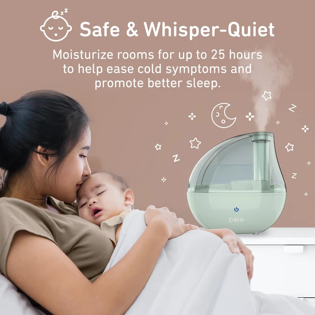 Alt view image 2 of 7 - PureBaby Ultrasonic Cool Mist Humidifier | Soft Glow Night Light, Whisper-Quiet, For Baby Nurseries & Kids Bedrooms to Relieve Congestion, Colds, & More (Whisper Green)