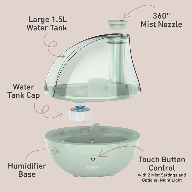 Alt view image 4 of 7 - PureBaby Ultrasonic Cool Mist Humidifier | Soft Glow Night Light, Whisper-Quiet, For Baby Nurseries & Kids Bedrooms to Relieve Congestion, Colds, & More (Whisper Green)