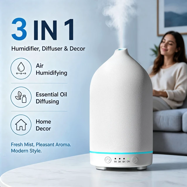 Alt view image 4 of 7 - 200ML Ceramic Essential Oil Diffuser for Home, Stone Diffuser | Ultrasonic Aromatherapy Diffuser & Air Humidifier for Bedroom, Office, Yoga, 7 LED Lights, Auto Shut-Off, 3 Timers, White