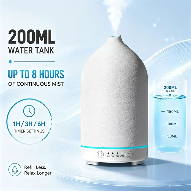 Alt view image 3 of 7 - 200ML Ceramic Essential Oil Diffuser for Home, Stone Diffuser | Ultrasonic Aromatherapy Diffuser & Air Humidifier for Bedroom, Office, Yoga, 7 LED Lights, Auto Shut-Off, 3 Timers, White