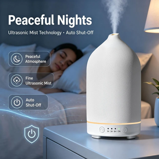 Alt view image 5 of 7 - 200ML Ceramic Essential Oil Diffuser for Home, Stone Diffuser | Ultrasonic Aromatherapy Diffuser & Air Humidifier for Bedroom, Office, Yoga, 7 LED Lights, Auto Shut-Off, 3 Timers, White