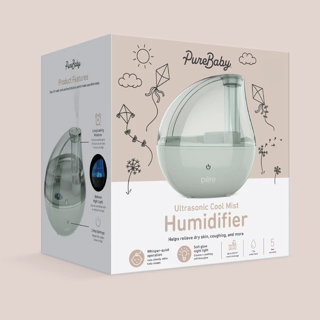 Alt view image 7 of 7 - PureBaby Ultrasonic Cool Mist Humidifier | Soft Glow Night Light, Whisper-Quiet, For Baby Nurseries & Kids Bedrooms to Relieve Congestion, Colds, & More (Whisper Green)
