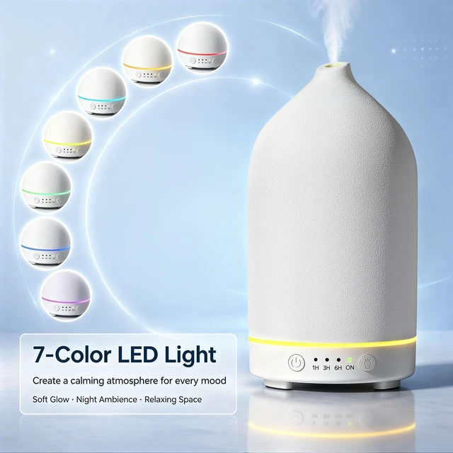 Alt view image 7 of 7 - 200ML Ceramic Essential Oil Diffuser for Home, Stone Diffuser | Ultrasonic Aromatherapy Diffuser & Air Humidifier for Bedroom, Office, Yoga, 7 LED Lights, Auto Shut-Off, 3 Timers, White