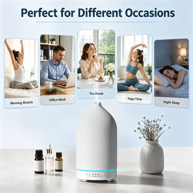 Alt view image 6 of 7 - 200ML Ceramic Essential Oil Diffuser for Home, Stone Diffuser | Ultrasonic Aromatherapy Diffuser & Air Humidifier for Bedroom, Office, Yoga, 7 LED Lights, Auto Shut-Off, 3 Timers, White