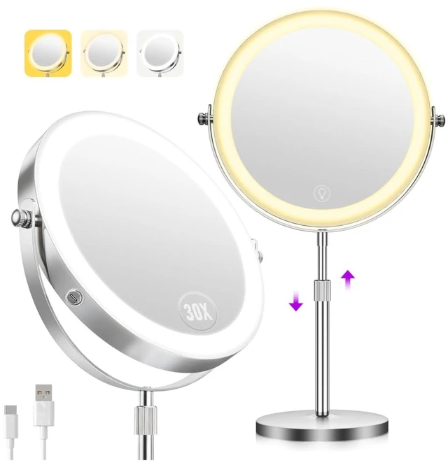 Main image of 1X/30X Makeup Mirror with Lights, Height Adjustable Double Sided Vanity Mirror, 360° Rotation Cosmetic Mirror for Desk Bathroom, Ideal Gift for Women (Nickel)