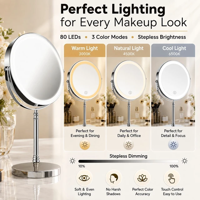 Alt view image 2 of 7 - Makeup Mirror, Rechargeable Vanity Mirror with 3 Lights, 1X/10X | Adjustable Brightness, 3000mAh, Double-Sided, Gift for Mom, Women, Wife, Girls, Dorm Room Essential