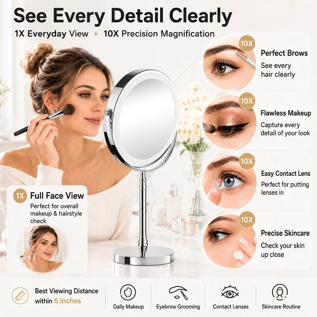 Alt view image 3 of 7 - Makeup Mirror, Rechargeable Vanity Mirror with 3 Lights, 1X/10X | Adjustable Brightness, 3000mAh, Double-Sided, Gift for Mom, Women, Wife, Girls, Dorm Room Essential