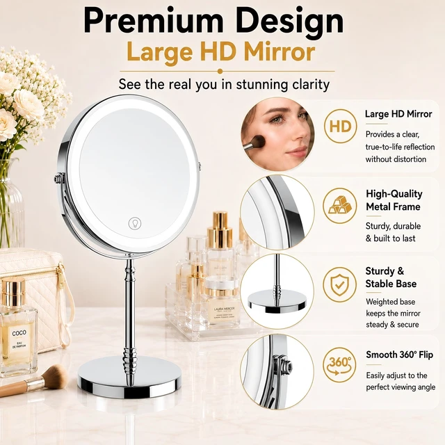 Alt view image 5 of 7 - Makeup Mirror, Rechargeable Vanity Mirror with 3 Lights, 1X/10X | Adjustable Brightness, 3000mAh, Double-Sided, Gift for Mom, Women, Wife, Girls, Dorm Room Essential