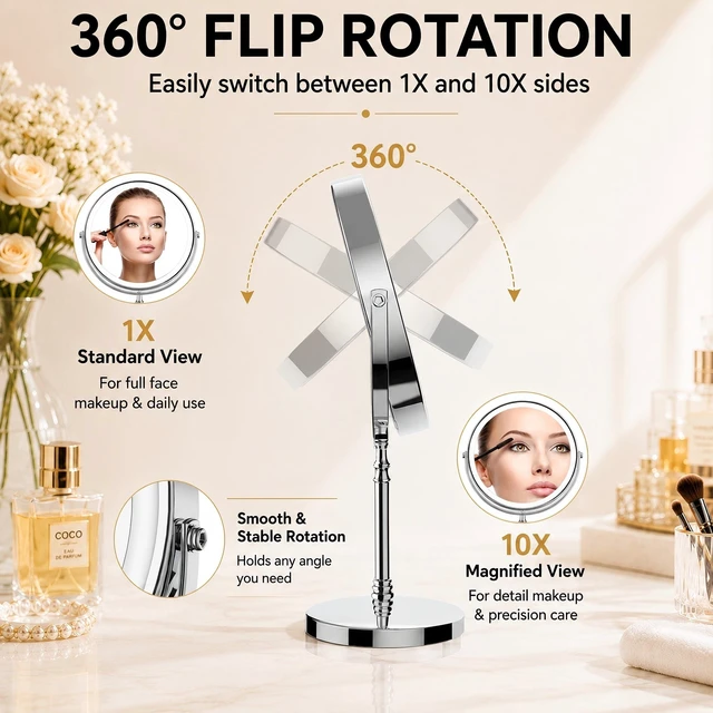 Alt view image 6 of 7 - Makeup Mirror, Rechargeable Vanity Mirror with 3 Lights, 1X/10X | Adjustable Brightness, 3000mAh, Double-Sided, Gift for Mom, Women, Wife, Girls, Dorm Room Essential