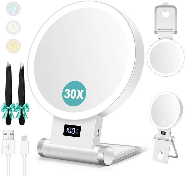 Main image of Magnifying Mirror with Light 30X, 2000mAh 1X/ 30X Magnifying Makeup Mirror with Standable Base & Tweezers, 3 Color Modes with Adjustable Brightness& Smart Display, Foldable for Travel