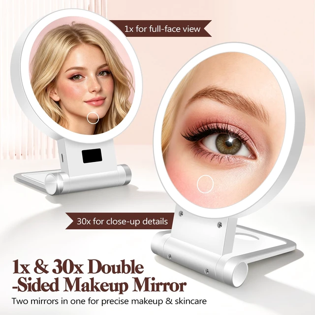 Alt view image 2 of 7 - Magnifying Mirror with Light 30X, 2000mAh 1X/ 30X Magnifying Makeup Mirror with Standable Base & Tweezers, 3 Color Modes with Adjustable Brightness& Smart Display, Foldable for Travel