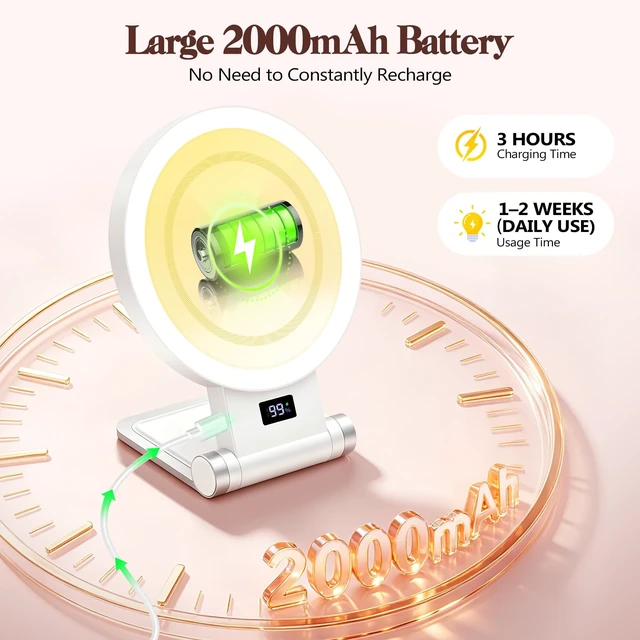 Alt view image 6 of 7 - Magnifying Mirror with Light 30X, 2000mAh 1X/ 30X Magnifying Makeup Mirror with Standable Base & Tweezers, 3 Color Modes with Adjustable Brightness& Smart Display, Foldable for Travel