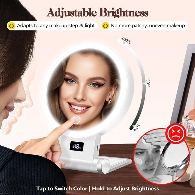 Alt view image 7 of 7 - Magnifying Mirror with Light 30X, 2000mAh 1X/ 30X Magnifying Makeup Mirror with Standable Base & Tweezers, 3 Color Modes with Adjustable Brightness& Smart Display, Foldable for Travel