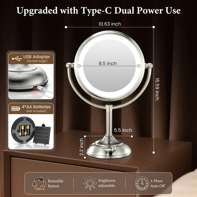 Alt view image 6 of 7 - Professional 8.5" Large Lighted Makeup Mirror with Brighter Lights, 1X/10X True HD Magnifying Mirror with 3 Color Dimmable Lights, 90 Shadowless LEDs, 360°Swivel Seamless Vanity Mirror, Pearl Nickel