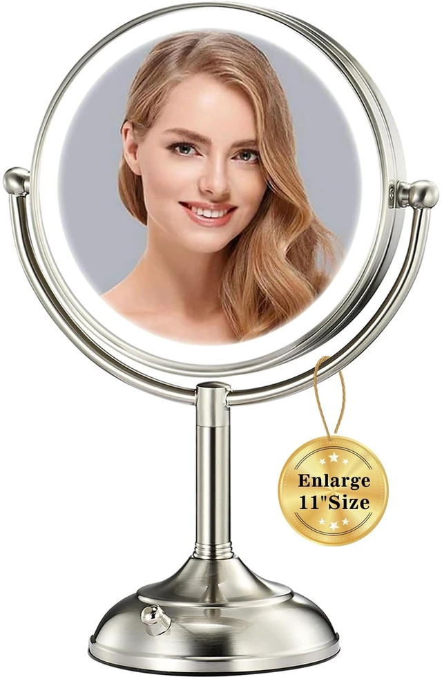 Main image of 11.8" Extra Large 17" Tall Lighted Makeup Mirror, 1X/5X/10X 3-Sided Magnifying Mirror with 96 LEDs, 3 Color Dimmable Lights, 360° Swivel Dual Power Vanity Mirror, Nickel Finish Luxury Gift Box