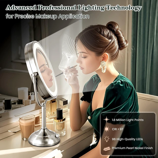 Alt view image 2 of 7 - 11.8" Extra Large 17" Tall Lighted Makeup Mirror, 1X/5X/10X 3-Sided Magnifying Mirror with 96 LEDs, 3 Color Dimmable Lights, 360° Swivel Dual Power Vanity Mirror, Nickel Finish Luxury Gift Box