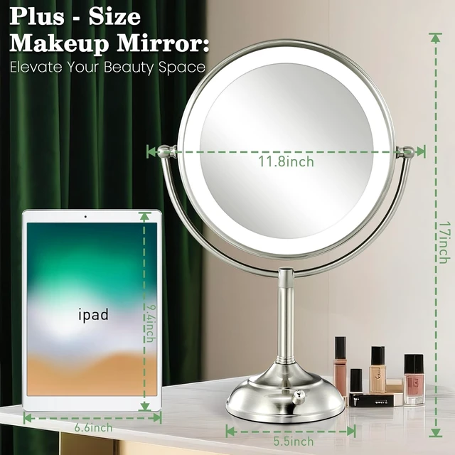 Alt view image 3 of 7 - 11.8" Extra Large 17" Tall Lighted Makeup Mirror, 1X/5X/10X 3-Sided Magnifying Mirror with 96 LEDs, 3 Color Dimmable Lights, 360° Swivel Dual Power Vanity Mirror, Nickel Finish Luxury Gift Box