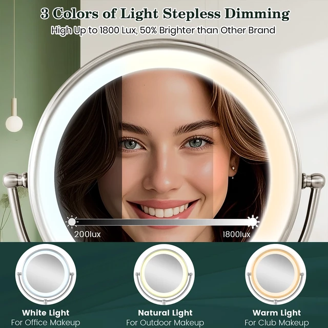 Alt view image 4 of 7 - 11.8" Extra Large 17" Tall Lighted Makeup Mirror, 1X/5X/10X 3-Sided Magnifying Mirror with 96 LEDs, 3 Color Dimmable Lights, 360° Swivel Dual Power Vanity Mirror, Nickel Finish Luxury Gift Box