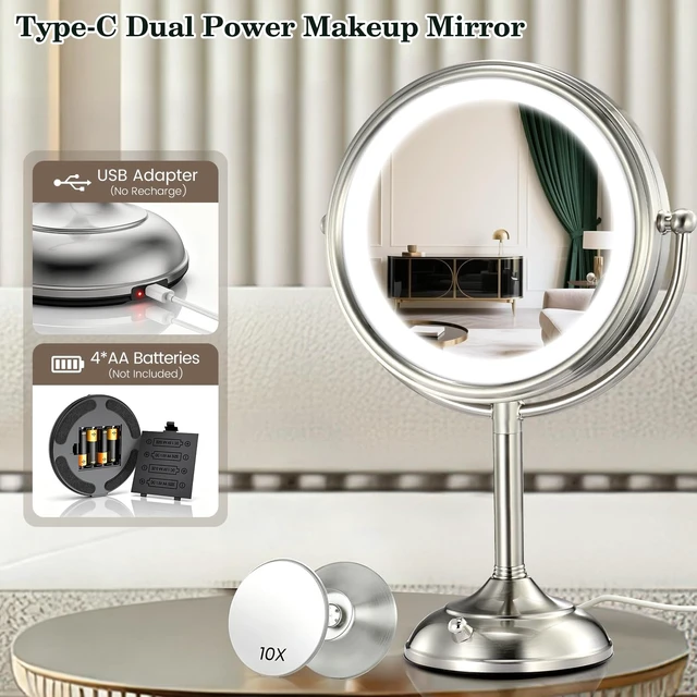 Alt view image 5 of 7 - 11.8" Extra Large 17" Tall Lighted Makeup Mirror, 1X/5X/10X 3-Sided Magnifying Mirror with 96 LEDs, 3 Color Dimmable Lights, 360° Swivel Dual Power Vanity Mirror, Nickel Finish Luxury Gift Box