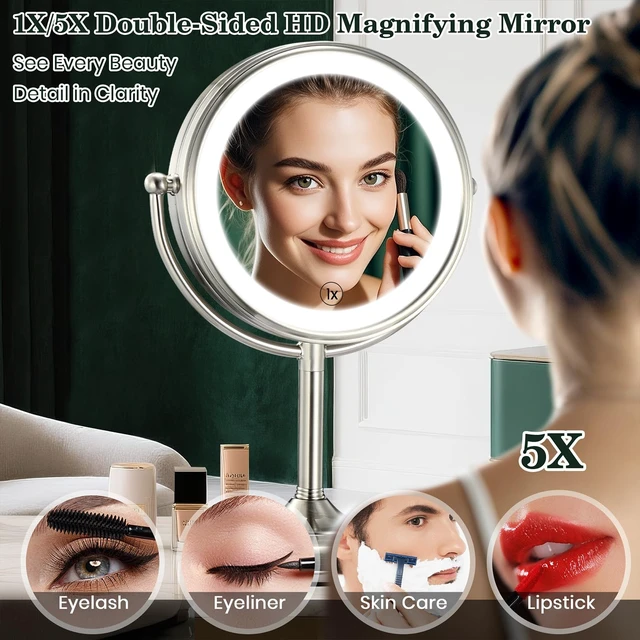 Alt view image 6 of 7 - 11.8" Extra Large 17" Tall Lighted Makeup Mirror, 1X/5X/10X 3-Sided Magnifying Mirror with 96 LEDs, 3 Color Dimmable Lights, 360° Swivel Dual Power Vanity Mirror, Nickel Finish Luxury Gift Box