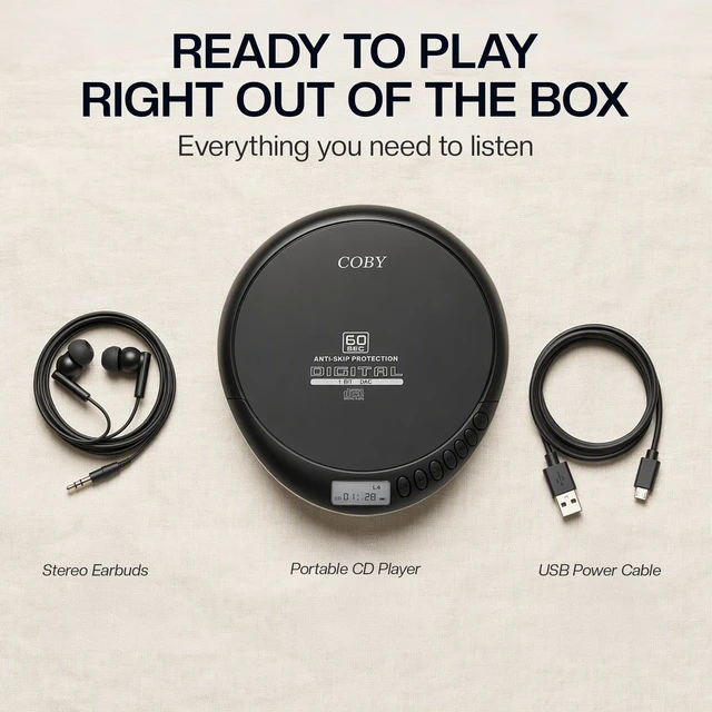 Alt view image 2 of 7 - Portable CD Player, 60 Second Anti Skip, FM Radio, CD Player for Car | CD-R/CD-RW/MP3 Playback, 2 AA or USB Power, Stereo Earbuds Included, Simple Buttons, Clear LCD