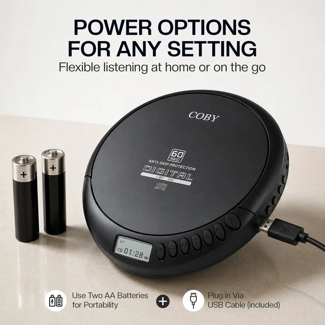 Alt view image 5 of 7 - Portable CD Player, 60 Second Anti Skip, FM Radio, CD Player for Car | CD-R/CD-RW/MP3 Playback, 2 AA or USB Power, Stereo Earbuds Included, Simple Buttons, Clear LCD