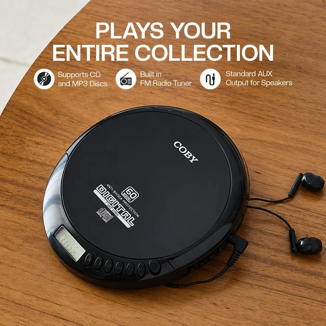 Alt view image 4 of 7 - Portable CD Player, 60 Second Anti Skip, FM Radio, CD Player for Car | CD-R/CD-RW/MP3 Playback, 2 AA or USB Power, Stereo Earbuds Included, Simple Buttons, Clear LCD