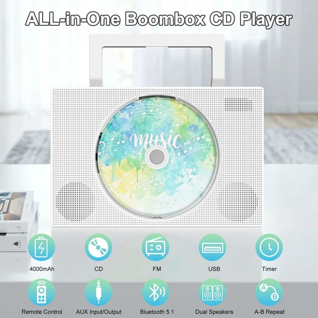Alt view image 2 of 7 - Portable CD Player with Bluetooth & Speakers, Rechargeable CD Player | Supports CD/AUX/USB/FM Radio, with LED Display and Remote, Desktop CD Players for Home, Mini Cd Boombox for Kids Learning