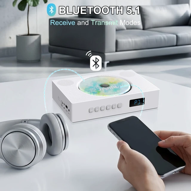 Alt view image 4 of 7 - Portable CD Player with Bluetooth & Speakers, Rechargeable CD Player | Supports CD/AUX/USB/FM Radio, with LED Display and Remote, Desktop CD Players for Home, Mini Cd Boombox for Kids Learning