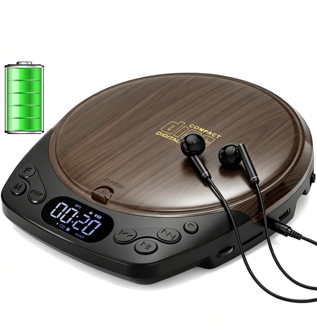 Main image of Rechargeable Portable CD Player with Headphones for Car & Home | CD/MP3/Micro SD/AUX Out Supported, Retro CD Player, 60s Anti-Skip, Lock/Programmable/Timer, No Built-in Speakers (Walnut