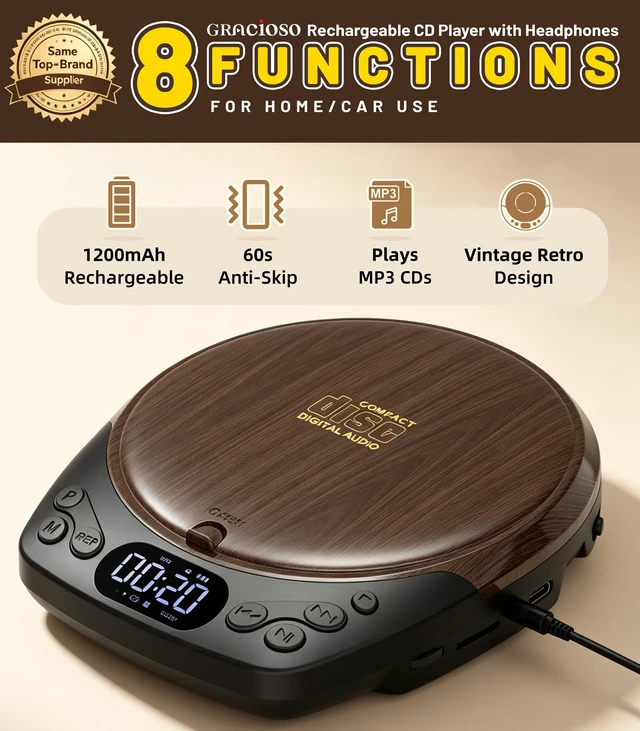 Alt view image 2 of 7 - Rechargeable Portable CD Player with Headphones for Car & Home | CD/MP3/Micro SD/AUX Out Supported, Retro CD Player, 60s Anti-Skip, Lock/Programmable/Timer, No Built-in Speakers (Walnut