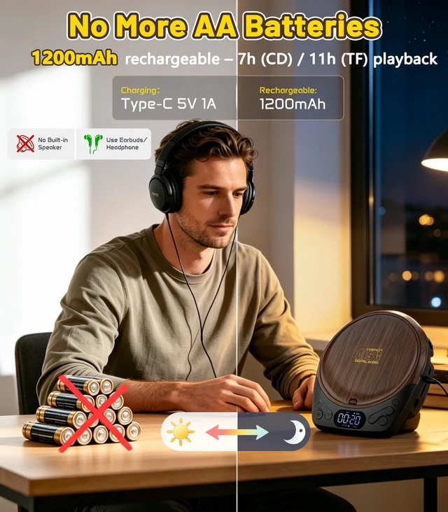 Alt view image 5 of 7 - Rechargeable Portable CD Player with Headphones for Car & Home | CD/MP3/Micro SD/AUX Out Supported, Retro CD Player, 60s Anti-Skip, Lock/Programmable/Timer, No Built-in Speakers (Walnut