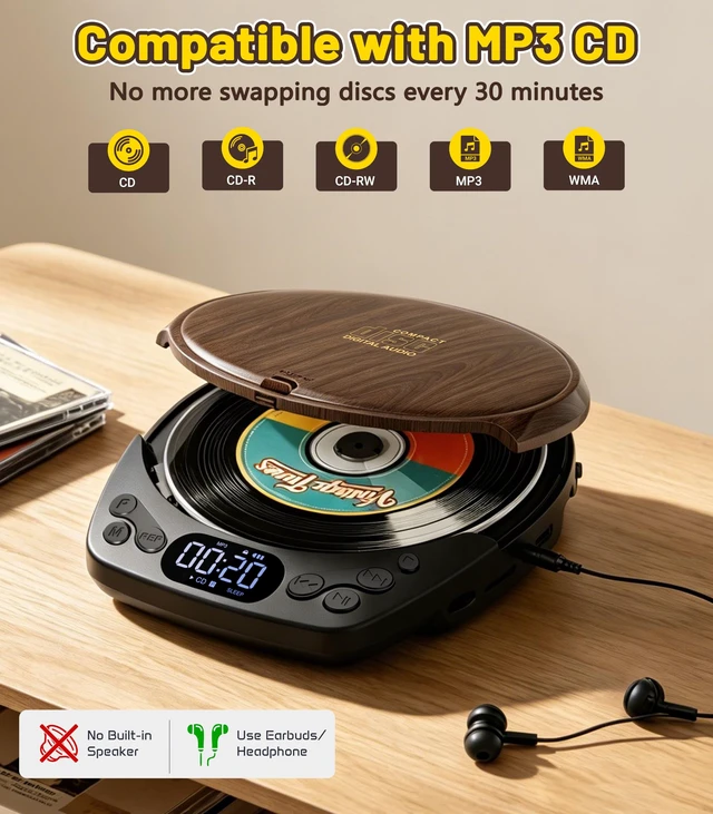 Alt view image 4 of 7 - Rechargeable Portable CD Player with Headphones for Car & Home | CD/MP3/Micro SD/AUX Out Supported, Retro CD Player, 60s Anti-Skip, Lock/Programmable/Timer, No Built-in Speakers (Walnut