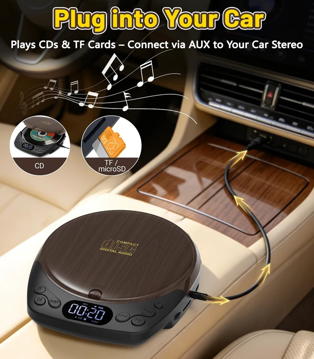 Alt view image 6 of 7 - Rechargeable Portable CD Player with Headphones for Car & Home | CD/MP3/Micro SD/AUX Out Supported, Retro CD Player, 60s Anti-Skip, Lock/Programmable/Timer, No Built-in Speakers (Walnut