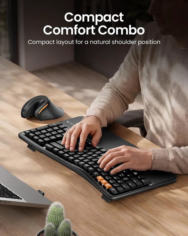 Alt view image 2 of 7 - EKM02 Wave Keys Ergonomic Wireless Keyboard and Mouse, Black | Bluetooth Keyboard with EM11 NL Ergonomic Vertical Mouse, Cushioned Palm Rest, Multi-Device, Rechargeable, for Windows, Mac