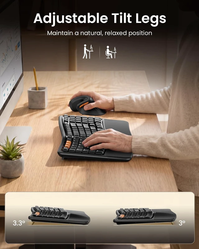 Alt view image 5 of 7 - EKM02 Wave Keys Ergonomic Wireless Keyboard and Mouse, Black | Bluetooth Keyboard with EM11 NL Ergonomic Vertical Mouse, Cushioned Palm Rest, Multi-Device, Rechargeable, for Windows, Mac