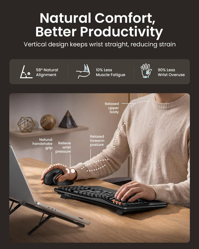 Alt view image 6 of 7 - EKM02 Wave Keys Ergonomic Wireless Keyboard and Mouse, Black | Bluetooth Keyboard with EM11 NL Ergonomic Vertical Mouse, Cushioned Palm Rest, Multi-Device, Rechargeable, for Windows, Mac