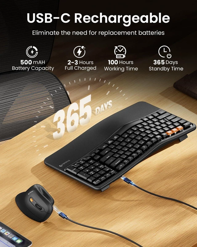 Alt view image 7 of 7 - EKM02 Wave Keys Ergonomic Wireless Keyboard and Mouse, Black | Bluetooth Keyboard with EM11 NL Ergonomic Vertical Mouse, Cushioned Palm Rest, Multi-Device, Rechargeable, for Windows, Mac