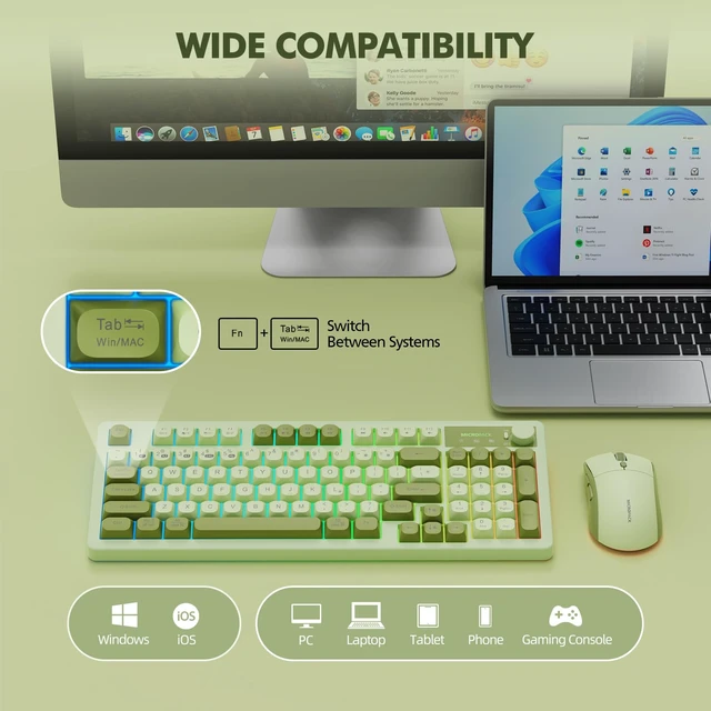 Alt view image 5 of 7 - Wireless Keyboard and Mouse Combo Creamy with Number Pad for Desktop Mac iPad Bluetooth/2.4ghz/Wired Rechargeable Light up RGB Quiet Compatible with PC Laptop Tablet (Green)