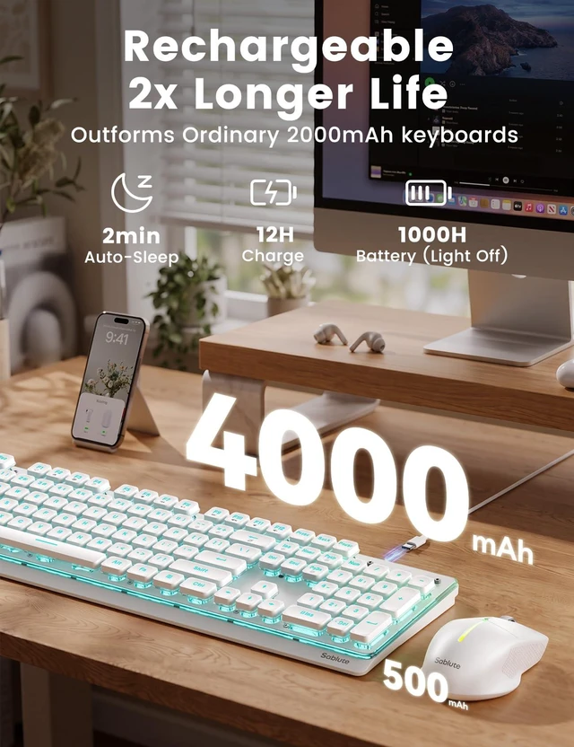 Alt view image 4 of 7 - Wireless Keyboard and Mouse Combo, RGB Backlit, Pudding Keycaps, KM41max | 10 Lighting Effects, 4000mAh Battery, Rechargeable, Never-Fade Keycaps, Metal Panel, 2.4GHz Wireless, USB-C Adapter