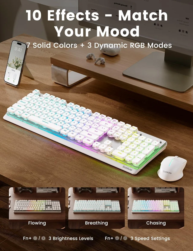 Alt view image 3 of 7 - Wireless Keyboard and Mouse Combo, RGB Backlit, Pudding Keycaps, KM41max | 10 Lighting Effects, 4000mAh Battery, Rechargeable, Never-Fade Keycaps, Metal Panel, 2.4GHz Wireless, USB-C Adapter