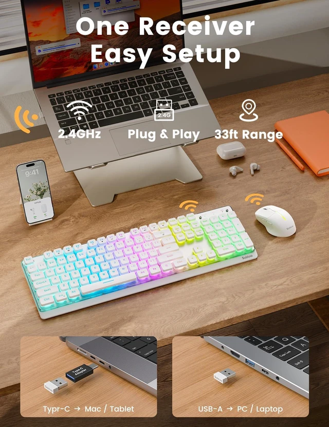 Alt view image 5 of 7 - Wireless Keyboard and Mouse Combo, RGB Backlit, Pudding Keycaps, KM41max | 10 Lighting Effects, 4000mAh Battery, Rechargeable, Never-Fade Keycaps, Metal Panel, 2.4GHz Wireless, USB-C Adapter