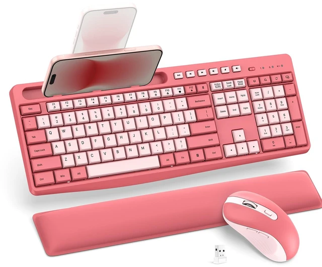 Main image of Pink Wireless Keyboard and Mouse Combo with Soft Wrist Rest & Phone Holder | 2.4G USB Receiver, Silent and Ergonomic Typing, Adjustable DPI & Quiet Mouse, Full Size Cute Keyboard for Windows