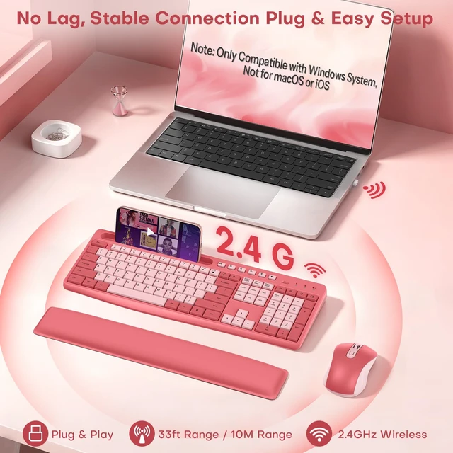 Alt view image 2 of 7 - Pink Wireless Keyboard and Mouse Combo with Soft Wrist Rest & Phone Holder | 2.4G USB Receiver, Silent and Ergonomic Typing, Adjustable DPI & Quiet Mouse, Full Size Cute Keyboard for Windows