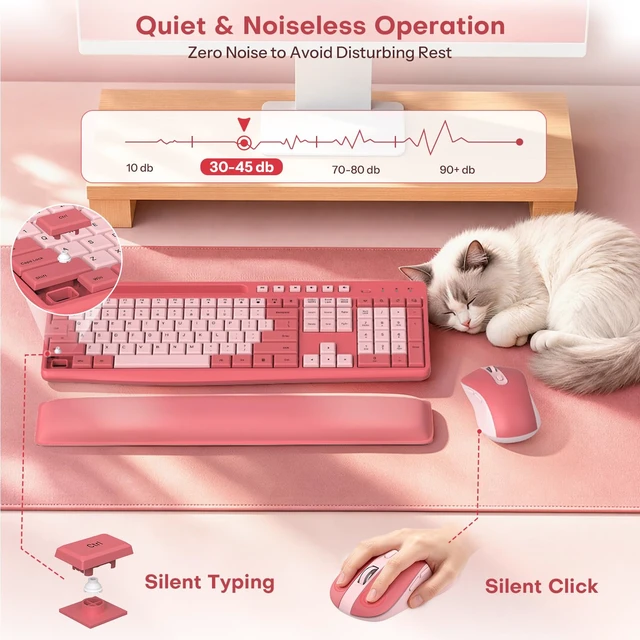 Alt view image 3 of 7 - Pink Wireless Keyboard and Mouse Combo with Soft Wrist Rest & Phone Holder | 2.4G USB Receiver, Silent and Ergonomic Typing, Adjustable DPI & Quiet Mouse, Full Size Cute Keyboard for Windows
