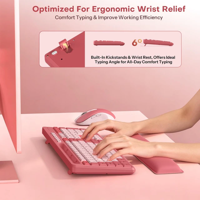 Alt view image 5 of 7 - Pink Wireless Keyboard and Mouse Combo with Soft Wrist Rest & Phone Holder | 2.4G USB Receiver, Silent and Ergonomic Typing, Adjustable DPI & Quiet Mouse, Full Size Cute Keyboard for Windows