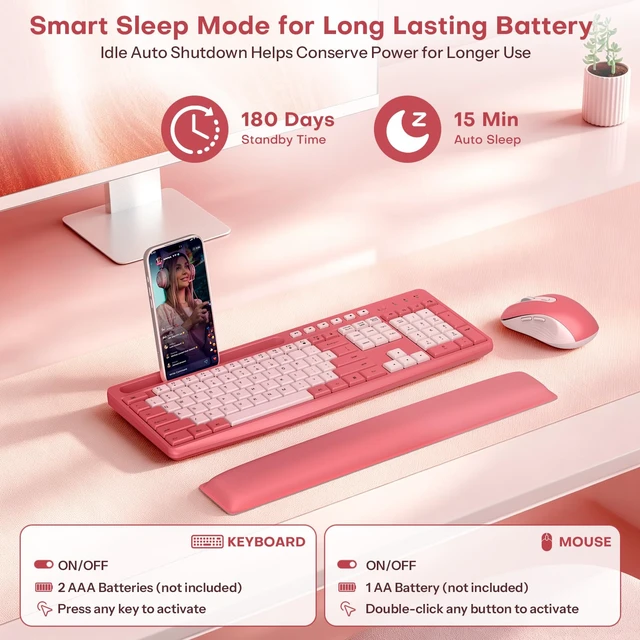 Alt view image 4 of 7 - Pink Wireless Keyboard and Mouse Combo with Soft Wrist Rest & Phone Holder | 2.4G USB Receiver, Silent and Ergonomic Typing, Adjustable DPI & Quiet Mouse, Full Size Cute Keyboard for Windows