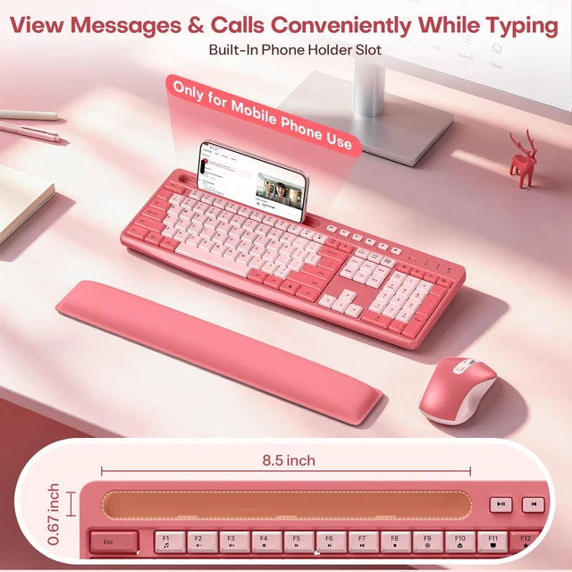 Alt view image 6 of 7 - Pink Wireless Keyboard and Mouse Combo with Soft Wrist Rest & Phone Holder | 2.4G USB Receiver, Silent and Ergonomic Typing, Adjustable DPI & Quiet Mouse, Full Size Cute Keyboard for Windows