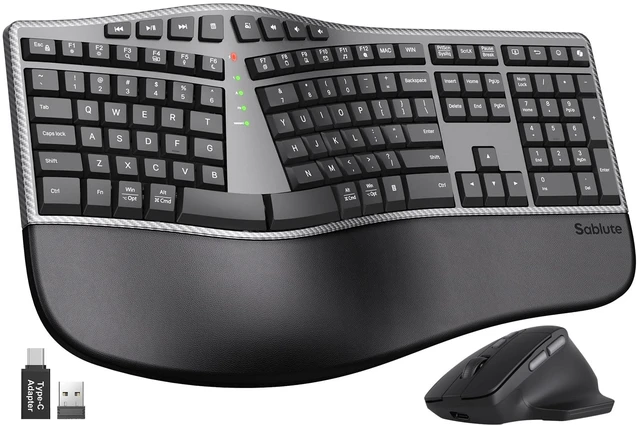 Main image of Ergonomic Wireless Keyboard and Mouse, Rechargeable, Split, Win/Mac | Full-Size Split Curved Keyboard, Ergonomic Mouse, 2.4GHz, Cushioned Wrist Rest, Shortcut & Emoji Keys, Adjustable Tilt Legs